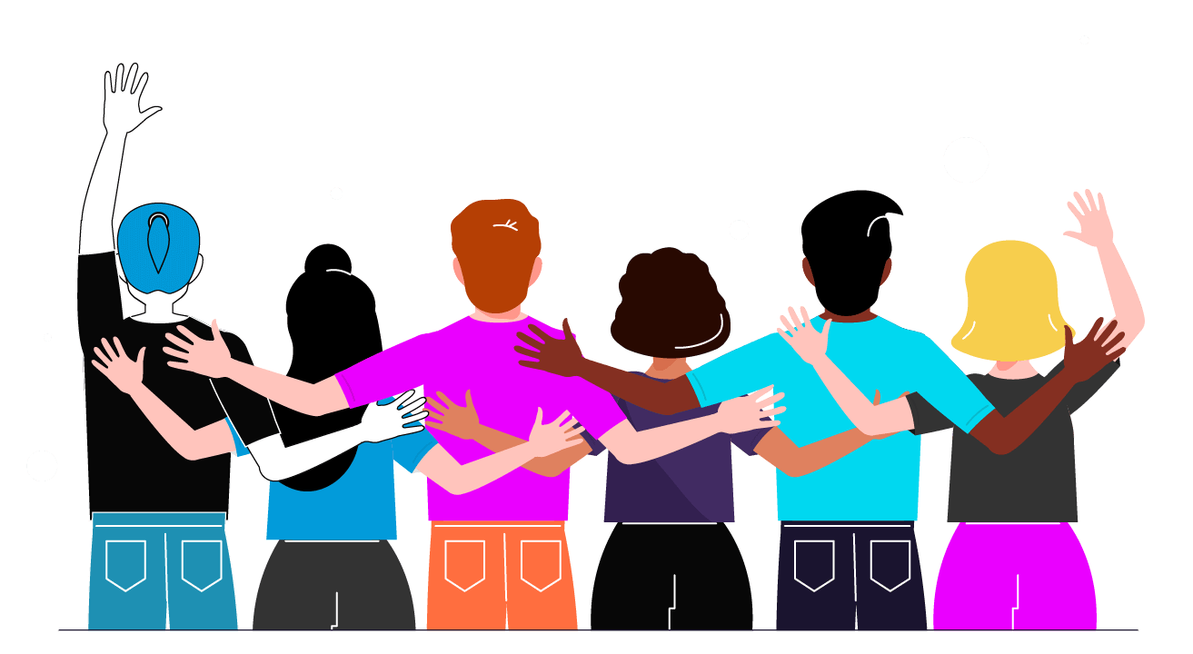 Artowork of team members hugging eachother